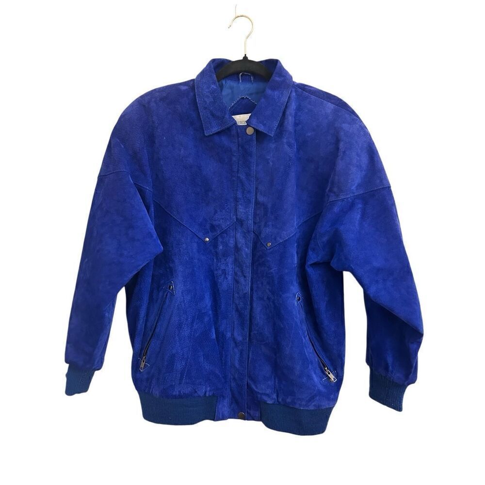 Vintage Chance Encounters cobalt eclectic blue leather bomber jacket oversized S
